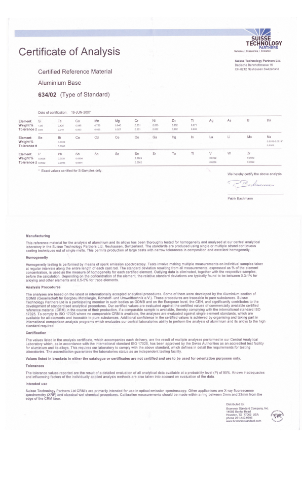 進口瑞士鋁業(yè)鋁合金光譜標樣 AL 634/02標樣證書